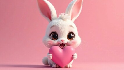 Fototapeta premium Cute bunny holding pink heart on pink background, concept for valentine's day, easter