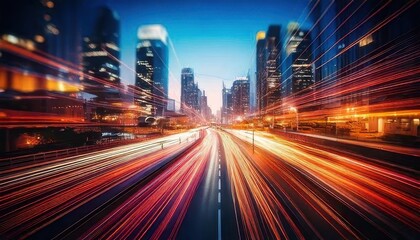 Fototapeta premium Vibrant City Nightscape with Light Trails on Highway