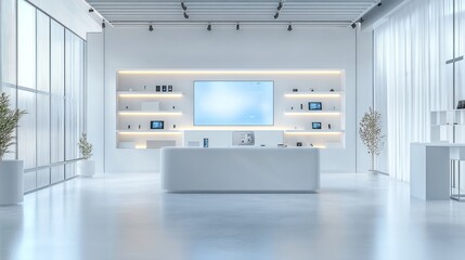 Digital technology store with a minimalist design in white, featuring a showcase for modern gadgets and shelves neatly arranged with tech products.