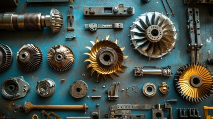 Disassembled turbine and compressor rotors arranged on a mechanic work surface, with clear focus on the fine details of each rotor component.
