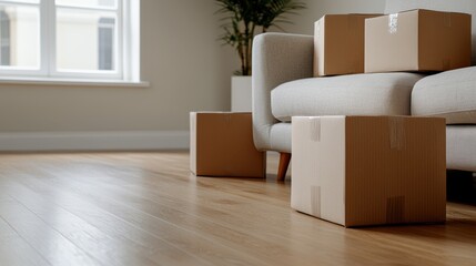 Sunlit living room with cozy sofa, moving boxes hinting at new beginnings, creating an atmosphere of warmth and anticipation.