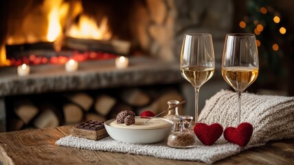 Fototapeta premium A cozy romantic setting featuring glasses of wine, chocolates, and red hearts near a warm fireplace, perfect for a date night or special occasion.