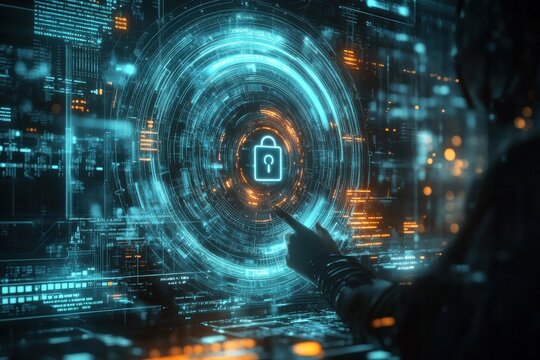 Cybersecurity action protecting data in a high-tech environment digital security virtual reality futuristic perspective