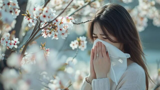 allergy concept, young woman with handkerchief suffering from allergy in spring garden near the blooming tree