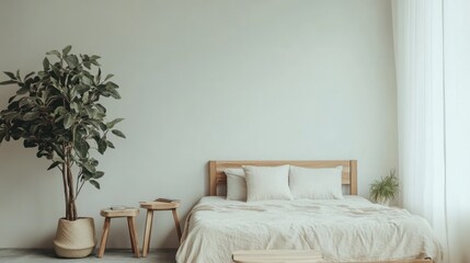 Minimalist bedroom interior with a wooden bed, plants, and natural light.