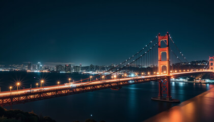 Fototapeta premium Golden hues illuminate San Francisco's iconic bridge under a starry night sky, capturing the city's enchanting skyline and tranquil waters
