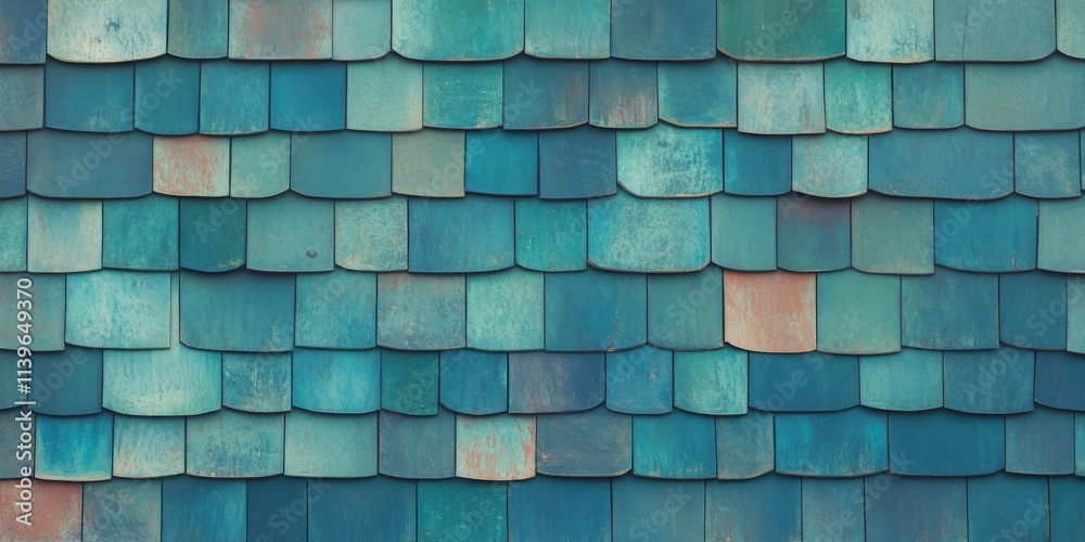Poster layered roof shingles texture with a unique blue-green color scheme and intricate craftsmanship high