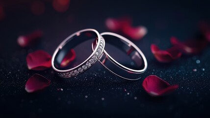 Two elegant wedding rings nestled among rose petals, symbolizing love and commitment in a romantic setting.