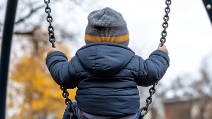 A bundled-up child holds tightly to a swing, their back facing the viewer as they soar high against the backdrop of a sunlit park.