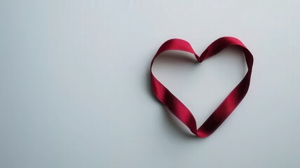 A red ribbon shaped into a heart on a light background, symbolizing love and affection.