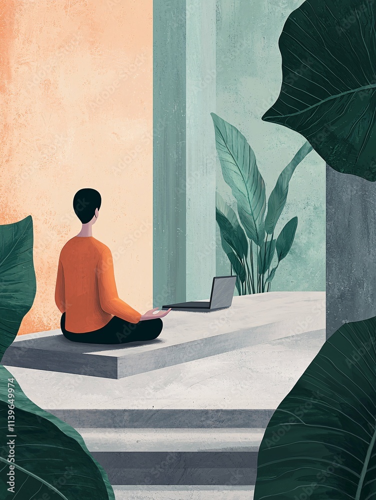 Aufkleber a minimalist workspace showcases a person meditating, symbolizing digital wellness while emphasizing