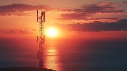 Fototapeta premium Sunset over the Ocean: Cell Tower Silhouette at Golden Hour. AI Generated
