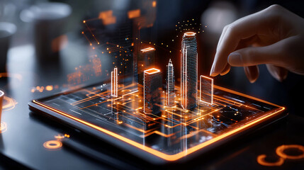 high resolution close up of data analytics software showcasing hand interacting with digital cityscape on tablet. glowing buildings represent advanced technology and innovation