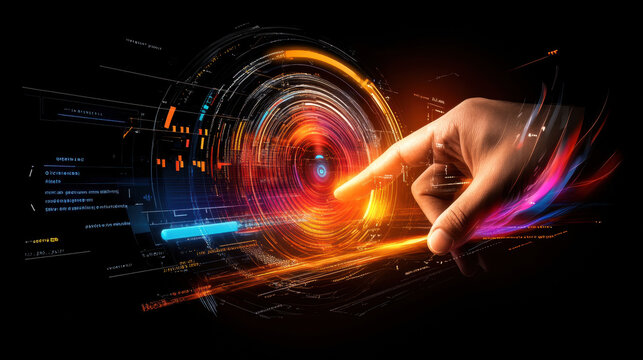 Futuristic hand touching glowing interface with vibrant colors