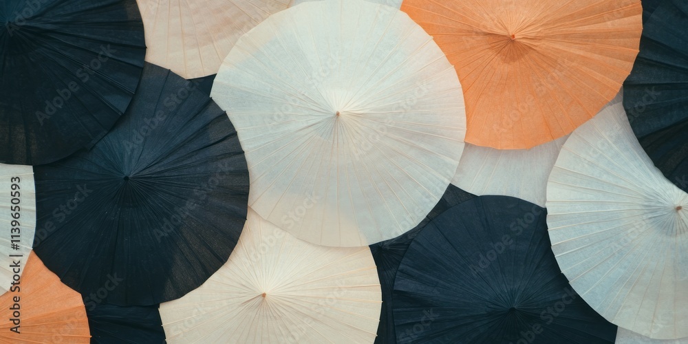 Poster Textured arrangement of colorful paper umbrellas showcasing a vibrant design in a decorative display