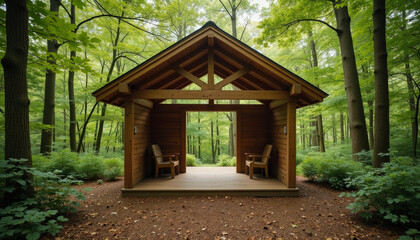 Serenity in the woods with a tranquil wooden retreat surrounded by lush greenery