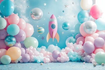 Colorful balloon rocket party setup festive atmosphere creative decoration fun celebration whimsical theme