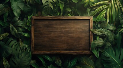 Wooden Frame Mockup Surrounded by Lush Greenery Wide Shot Photo. AI Generated