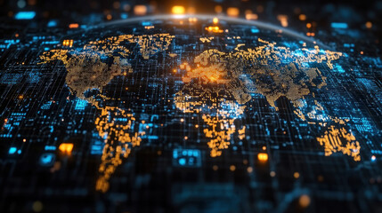 digital globe with continents illuminated by data connections and technology