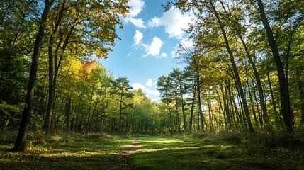 Fototapeta premium Forest Path Sunlight. Tranquil Woods, Nature, Outdoors