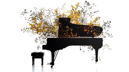 Grand Piano Silhouette with Autumnal Branches: A Digital Illustration. AI Generated