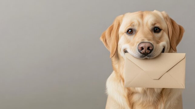 A friendly dog with a gentle expression holds an envelope in its mouth, blending cuteness and functionality in delivering a message.