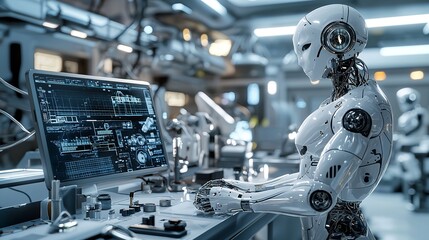 Fototapeta premium Deep in the Heart of a Futuristic Laboratory a Human