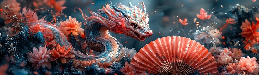 Obraz premium A Dragon with a Fan, Symbolizing Elegance and Power in a Cultural Display