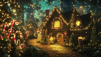 Fototapeta premium A stunning Christmas scene featuring a log house adorned with twinkling lights, nestled within a fantastical forest. Cartoonish spruces