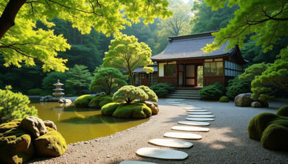 Serenity in a Lush Japanese Garden with Tranquil Pond and Traditional Architecture