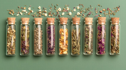 Assorted Dried Herbs and Flowers in Glass Test Tubes