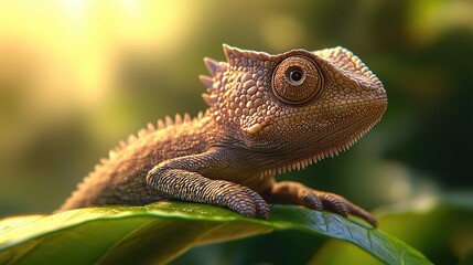Obraz premium Chameleon perched on leaf sunlit forest wildlife photography natural habitat close-up colorful reptile