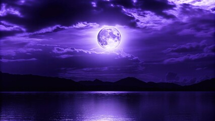 a beautiful night scene of a full moon rising over a body of water. The sky is filled with dark purple clouds that are illuminated by the light of the moon. The clouds are scattered across the sky, cr