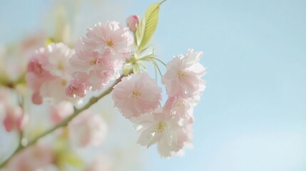 Obraz premium Delicate pink cherry blossoms in soft focus against a light blue sky.
