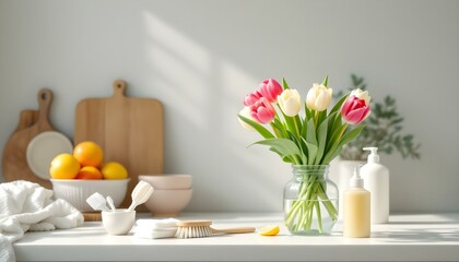 Fototapeta premium A tidy kitchen counter with cleaning supplies like laundry detergent and a brush, paired with a bright bouquet of fresh tulips in a glass jar, bathed in sunlight with a touch of greenery.