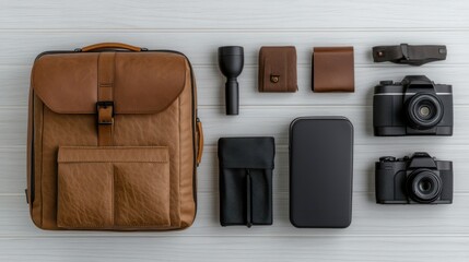 A neatly packed suitcase with travel essentials, including a camera and leather accessories, evokes a sense of adventure and organization.