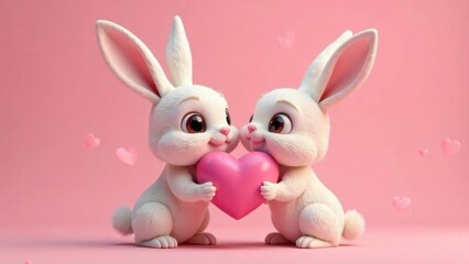 Obraz premium Two funny bunnies give each other a pink heart for Valentine's Day