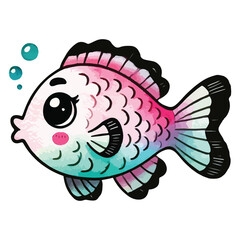 Fish sea Watercolor cartoon on a white background.