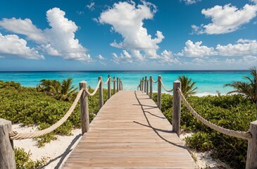 Obraz premium Tropical Paradise Wooden Path to Tranquil Turquoise Ocean and Blue Sky