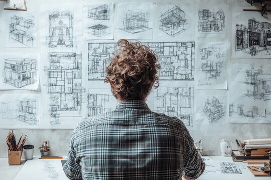 Creative architectural sketches workspace design process studio overhead view conceptual art for architecture enthusiasts