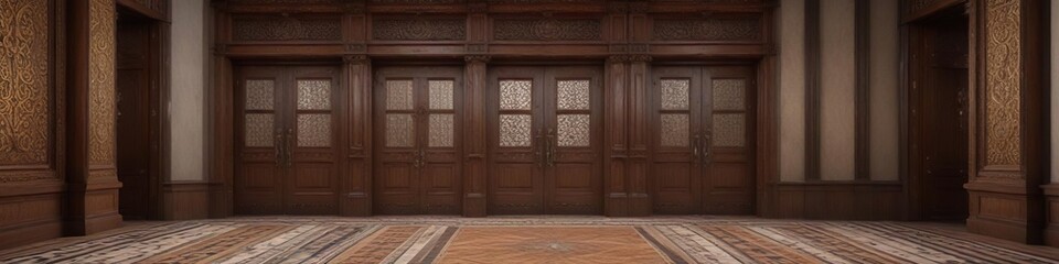 Obraz premium Grand entrance hall with ornate wooden doors and intricate tile work, intricate details, ottoman era architecture