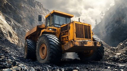 Obraz premium Mining dump truck in a mountain quarry. Concept of heavy industry, mining, and transportation.