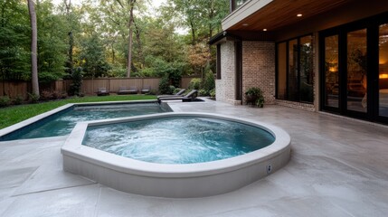 A tranquil garden oasis with a steaming hot tub, surrounded by nature’s greenery for ultimate relaxation.