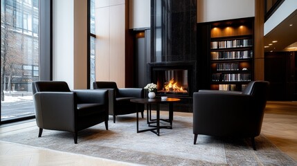 A lavish library with cozy armchairs and a crackling fire, embodying warmth and elegance in an urban setting.