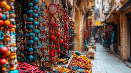 Colorful jewelry displayed outside a shop on a narrow street.