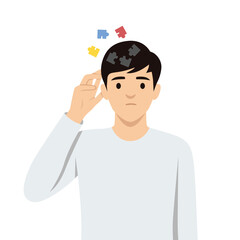 Man with confused thoughts unable to think clearly for decision. Flat vector illustration isolated on white background
