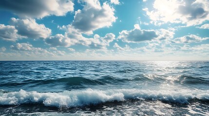 Fototapeta premium Ocean waves crashing on the shore under a dramatic sky. Concept of nature, serenity, and coastal beauty.
