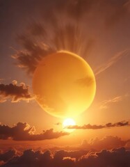 Fototapeta premium A big sun with a gorgeous yellow orange gradient in the sky during sunset partially behind a cloud, warm tones, blue horizon, sailboat