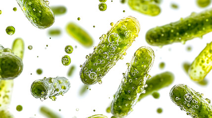 Close up of vibrant lactic acid bacteria floating in liquid environment, showcasing their unique shapes and textures