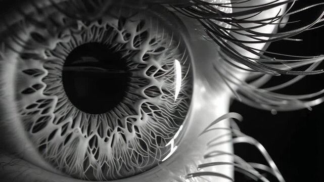 This close-up depicts the mesmerizing detail of a human eye, highlighting the unique patterns of the iris and the delicate structure of the eyelashes in striking black and white lighting.